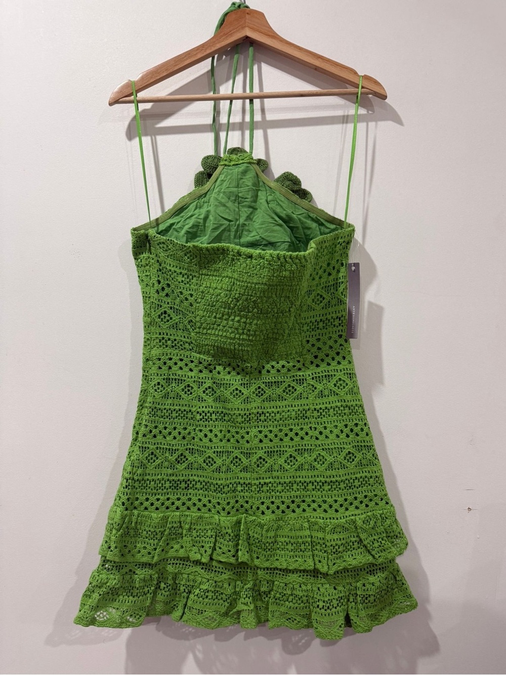 Farm Rio for Anthropologie Green Crochet Floral Halter Mini Dress Size M NWT - Picture 13 of 15
